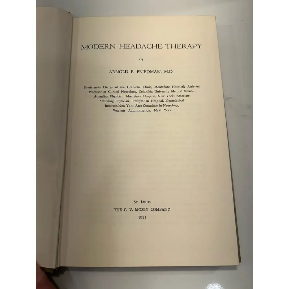 Modern Headache Therapy by‎ Arnold Friedman, MD 1951 HC Book Crosby Company